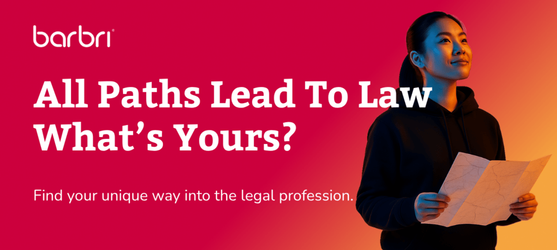All Paths Lead to Law - What's Yours? Find your unique way into the legal profession. [woman looking upwards with map in hands]