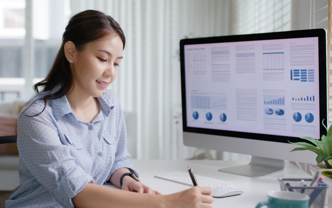 Worker happy smile work from home office relax sit easy at cosy desk upskill
